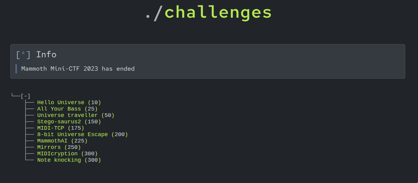 Challenge list, 10 challenges from 10 to 300 points